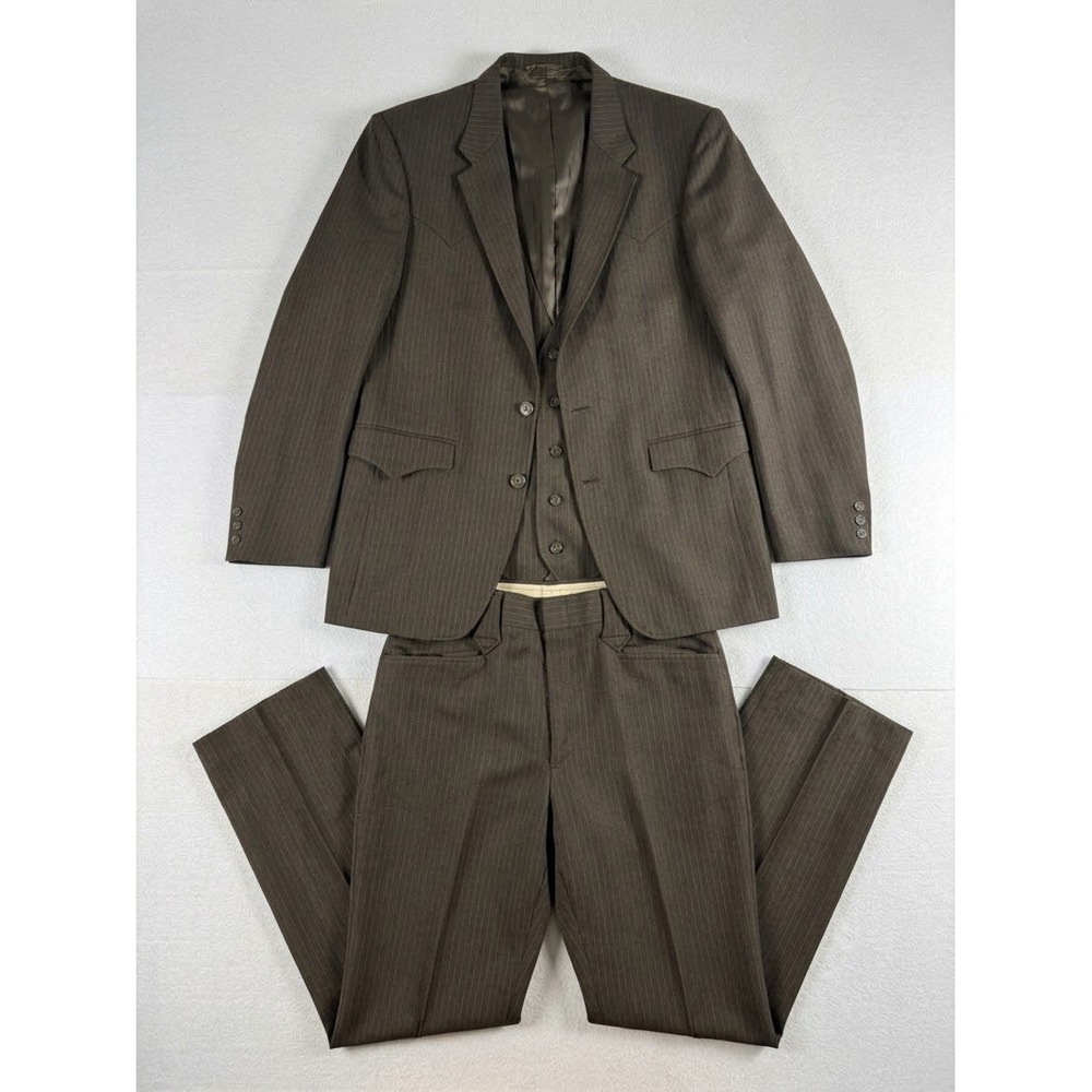 Vintage H Bar C Hi-Sierra Mens Brown Pinstripe 3 Piece Western Suit USA Made 35